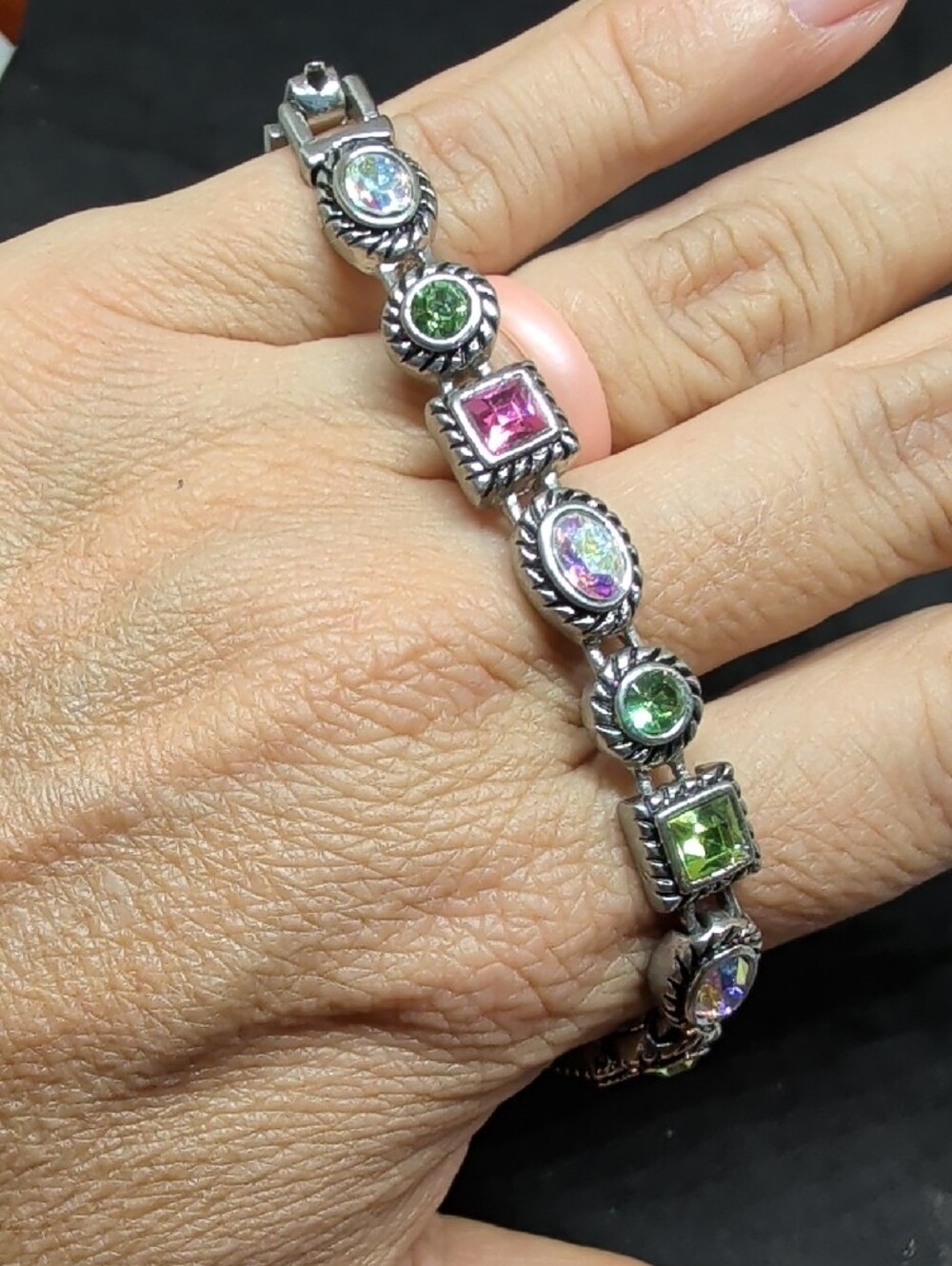 Vintage Parklane Mulit-colored Faux Gemstone Silver-Tone Tennis Bracelet - Picture 3 of 6